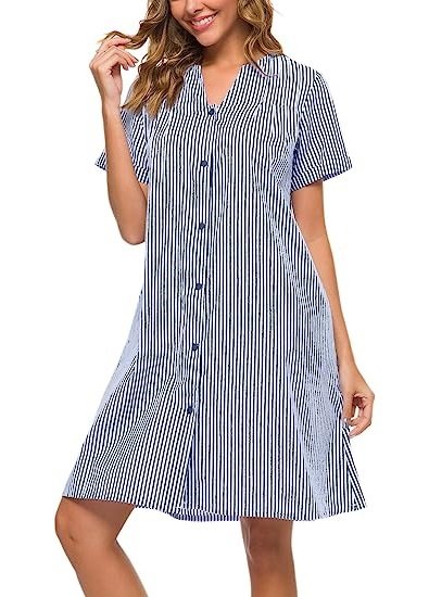 Women Cotton Duster Robe Short Sleeve Housecoat Button Down Nightgown