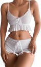 Women's 2 Piece Lingerie Set Ruffle Trim Tie Front Cami Top and Shorts Sleepwear